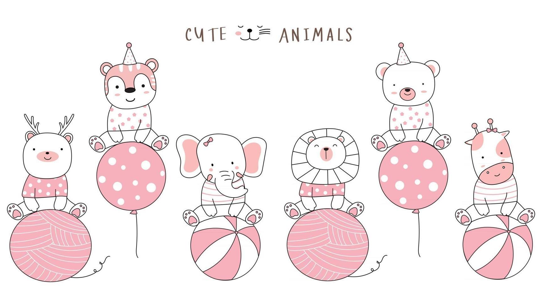 dessin animé esquisse les animaux mignons avec ballon. style dessiné à la main. vecteur