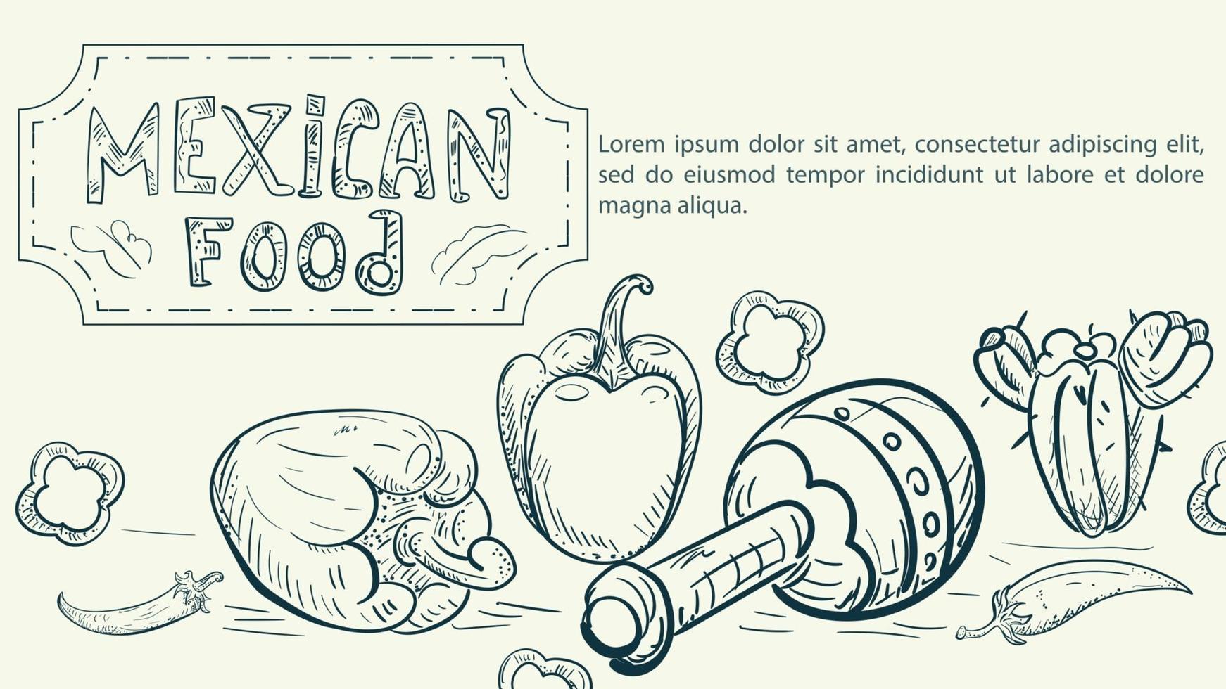 croquis d'illustration fait dans le style d'un doodle dessiné à la main pour une conception sur le thème de la cuisine nationale mexicaine maracas poivron et piment fort cactus vecteur