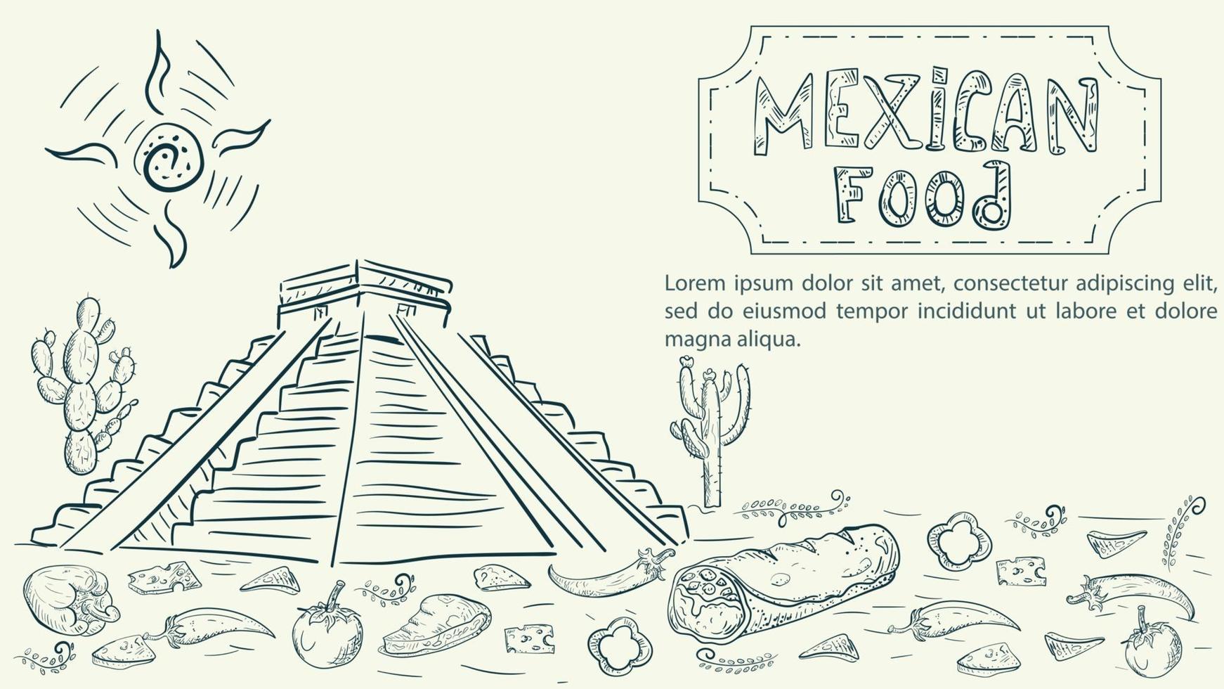 croquis d'illustration fait dans le style d'un griffonnage dessiné à la main pour un dessin sur le thème pyramide alimentaire nationale mexicaine des indiens burrito piment doux rouge et blanc vecteur