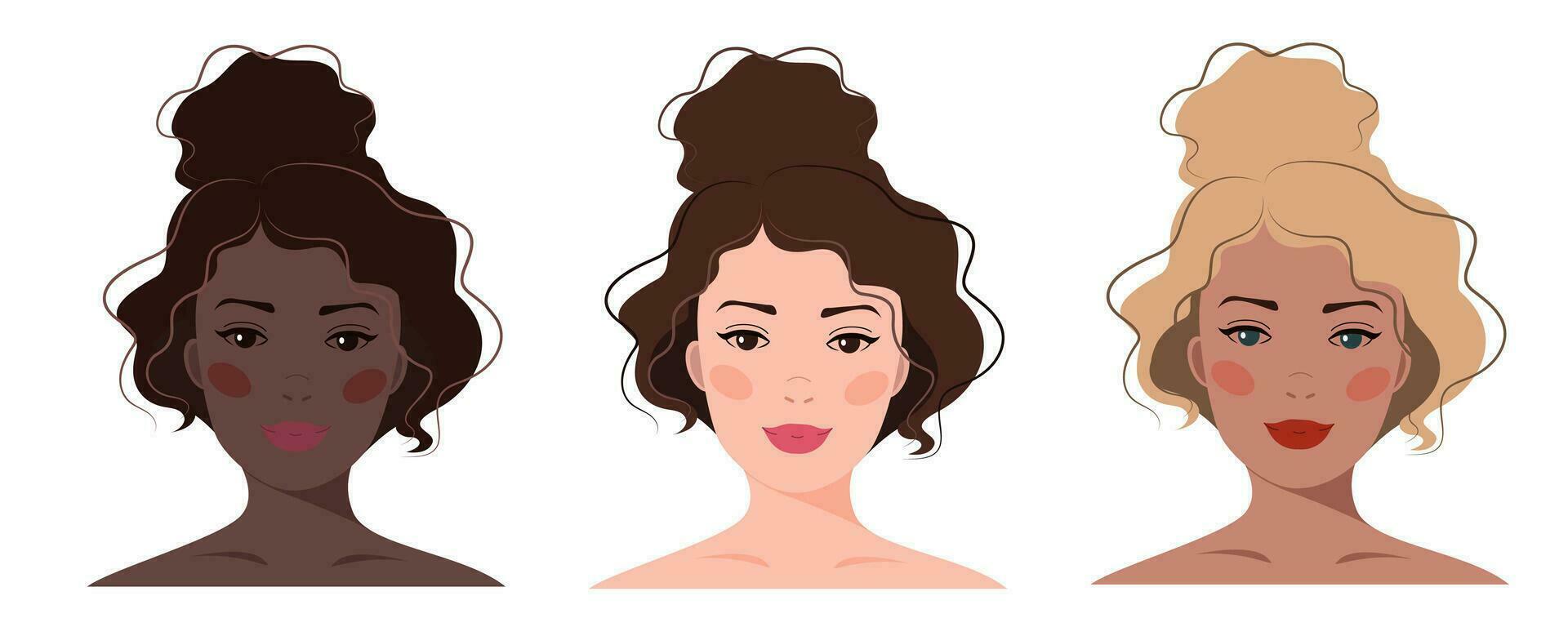 ensemble de portraits de femmes de différent peau couleur. diversité. vecteur plat illustration. avatar pour une social réseau. vecteur plat illustration, la toile, conception, beauté, faire en haut et social médias.