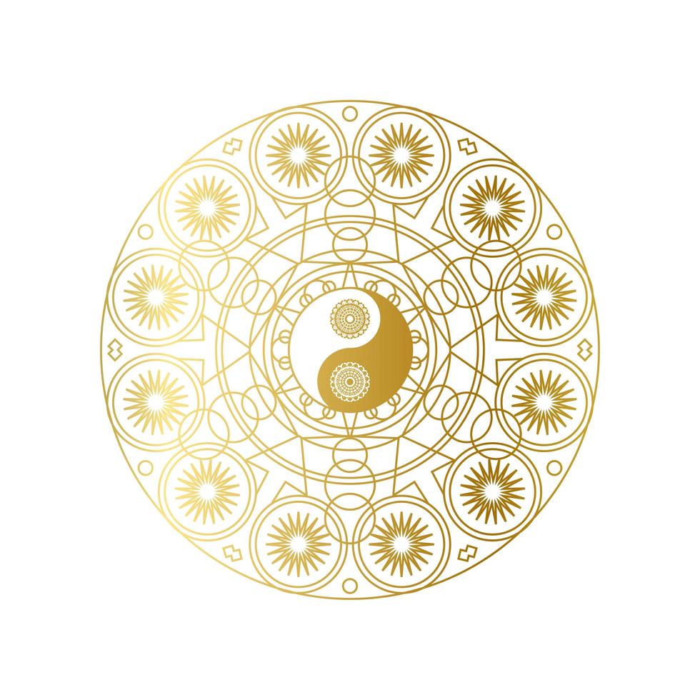 mandala doré brillant avec signe yin yang isolé vecteur