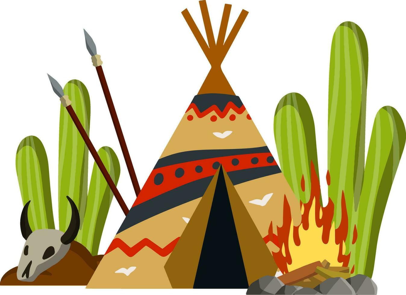 Indien wigwam. Accueil de originaire de Américain. tente fabriqué de peaux. marron tipi. tribal cabane. lance et crâne de animal. dessin animé plat illustration. vecteur