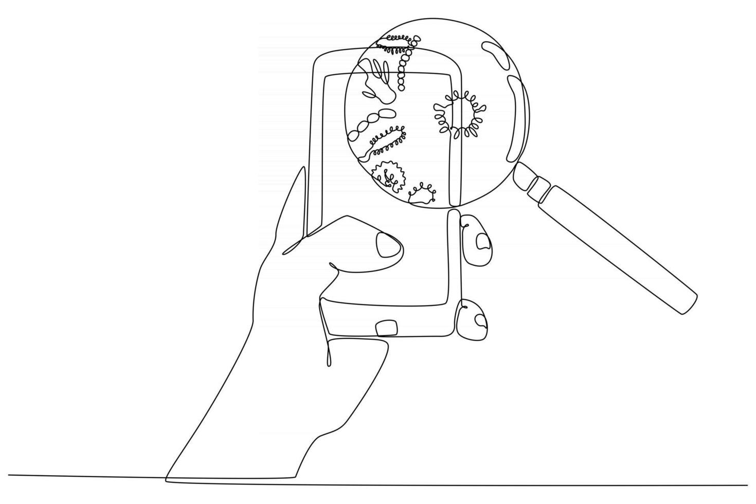 dessin au trait continu d'une main tenant un téléphone portable avec une loupe identifiant les bactéries illustration vectorielle vecteur