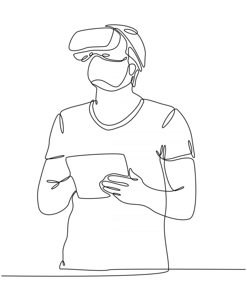dessin au trait continu d'un homme jouant à un jeu portant des lunettes vr illustration vectorielle vecteur