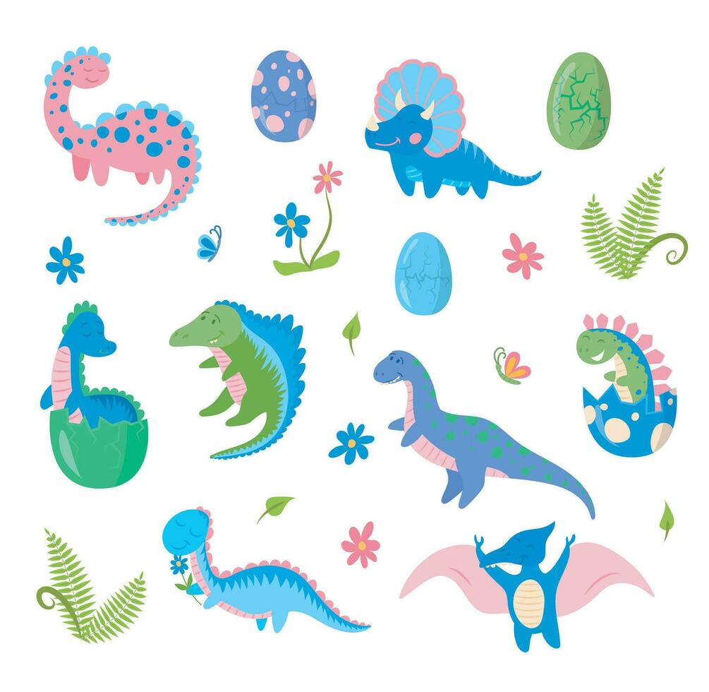 dessin animé Couleur personnages mignonne bébé dinosaures ensemble. vecteur