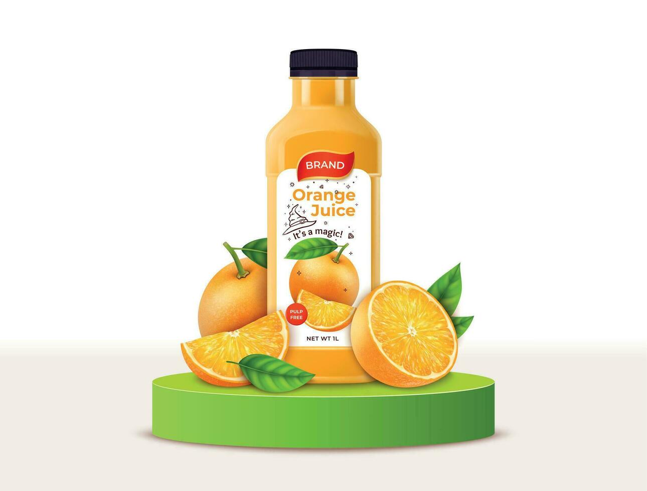 réaliste détaillé 3d Orange jus Plastique bouteille sur une vert piédestal podium. vecteur