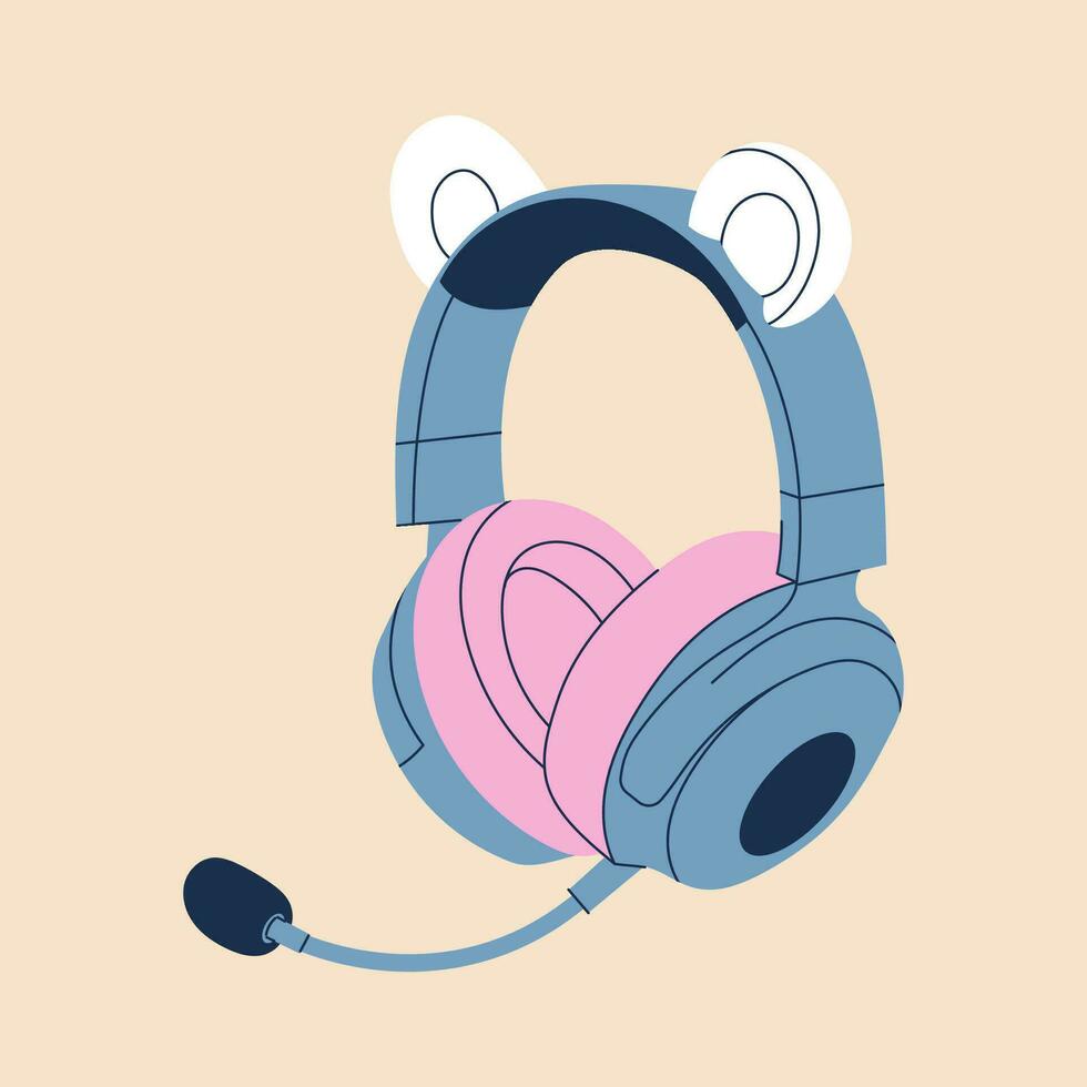 mignonne professionnel jeu écouteurs avec ours oreilles pour les filles dans dessin animé style. coloré bleu rose l'audio équipement pour écoute à musique. la musique dispositif icône ou imprimer. vecteur Stock illustration.