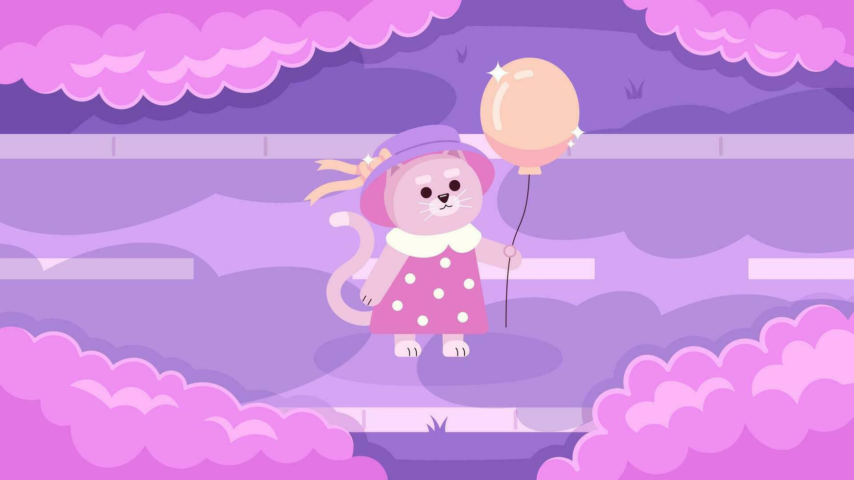 kawaii chat avec ballon en train de regarder des nuages mignonne refroidissement lo Fi fond d'écran. nuage regarder chaton dans robe 2d vecteur dessin animé personnage illustration, lofi anime Contexte. Années 90 kawaii esthétique, rêveur ambiance