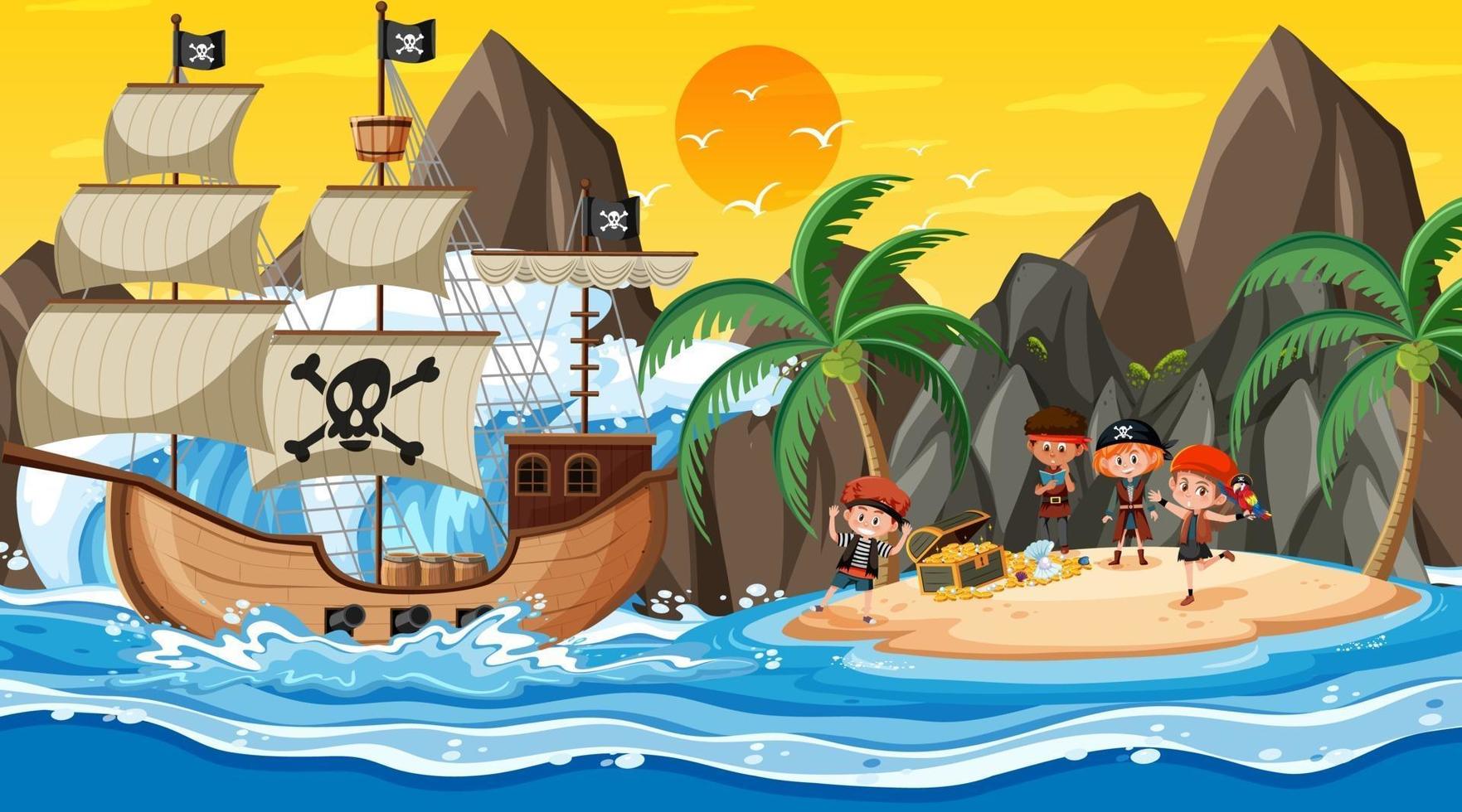 Scène d & # 39; île au trésor au coucher du soleil avec des enfants pirates vecteur