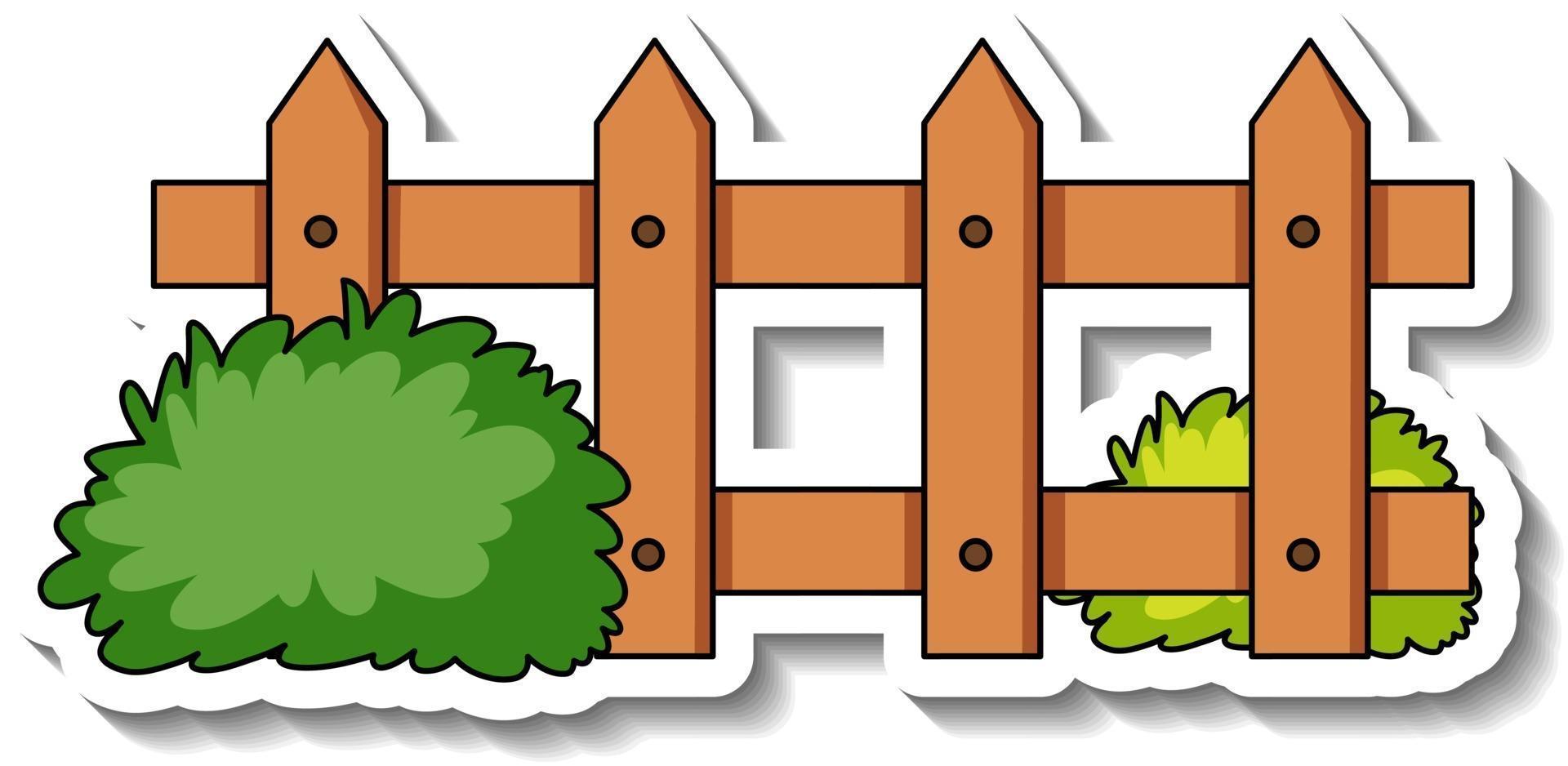 modèle d'autocollant avec clôture en bois et buisson isolé vecteur