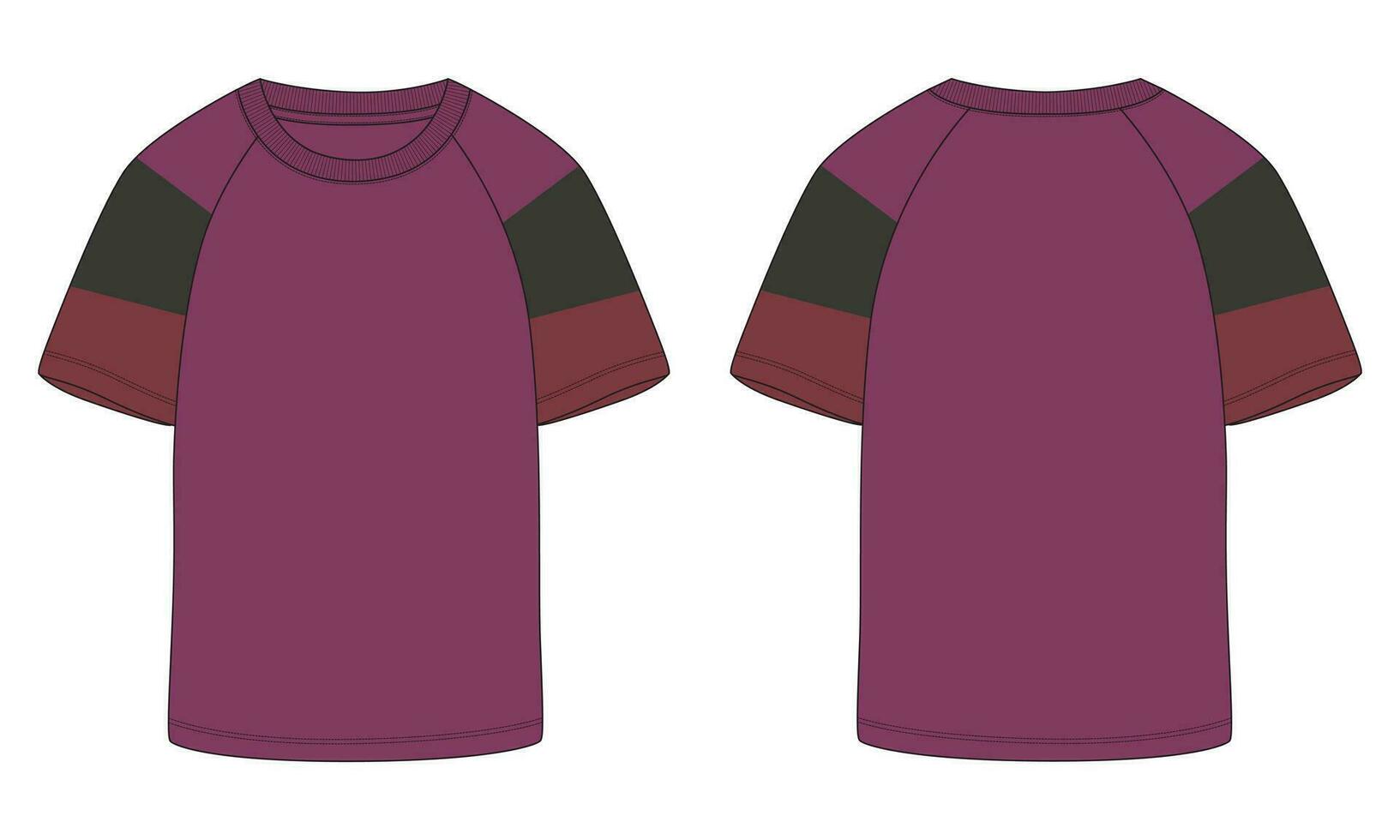 t-shirt raglan à manches courtes mode technique croquis plat modèle d'illustration vectorielle avant, vues arrière vecteur