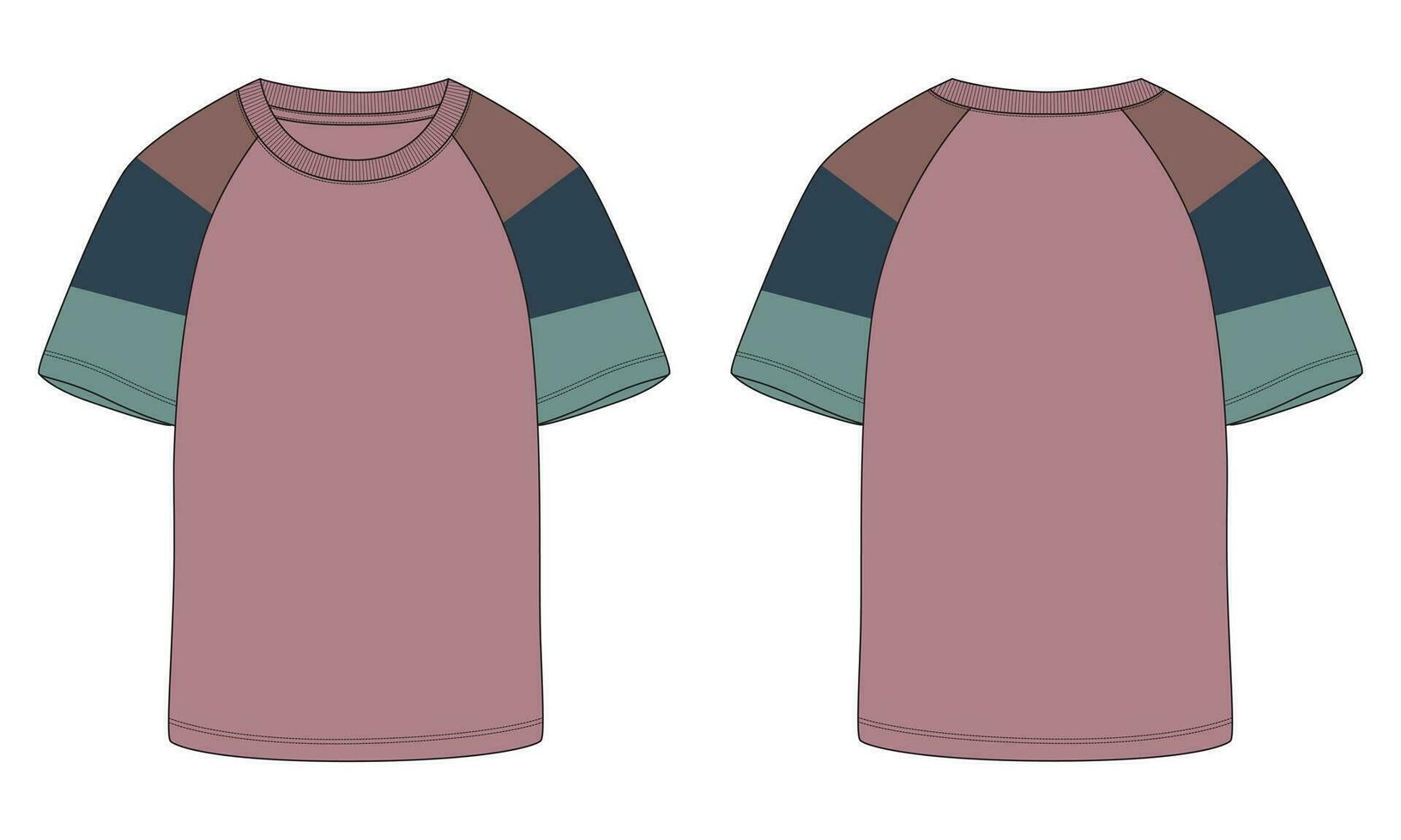 t-shirt raglan à manches courtes mode technique croquis plat modèle d'illustration vectorielle avant, vues arrière vecteur