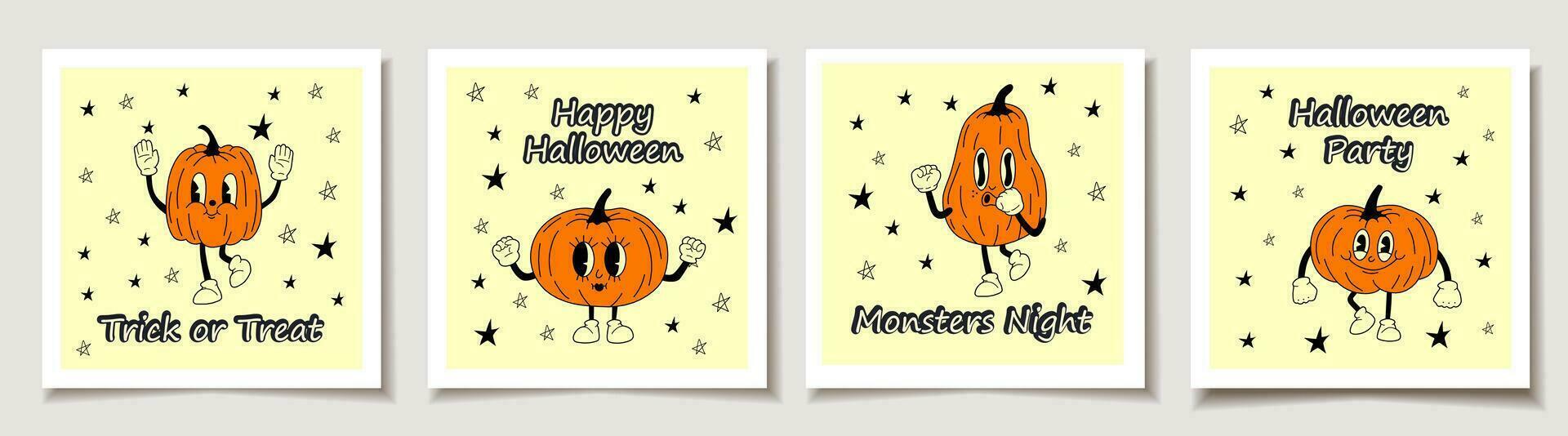 ensemble de Halloween cartes avec ensemble de quatre Halloween citrouilles, marrant visages. salutation cartes avec la magie articles. vecteur