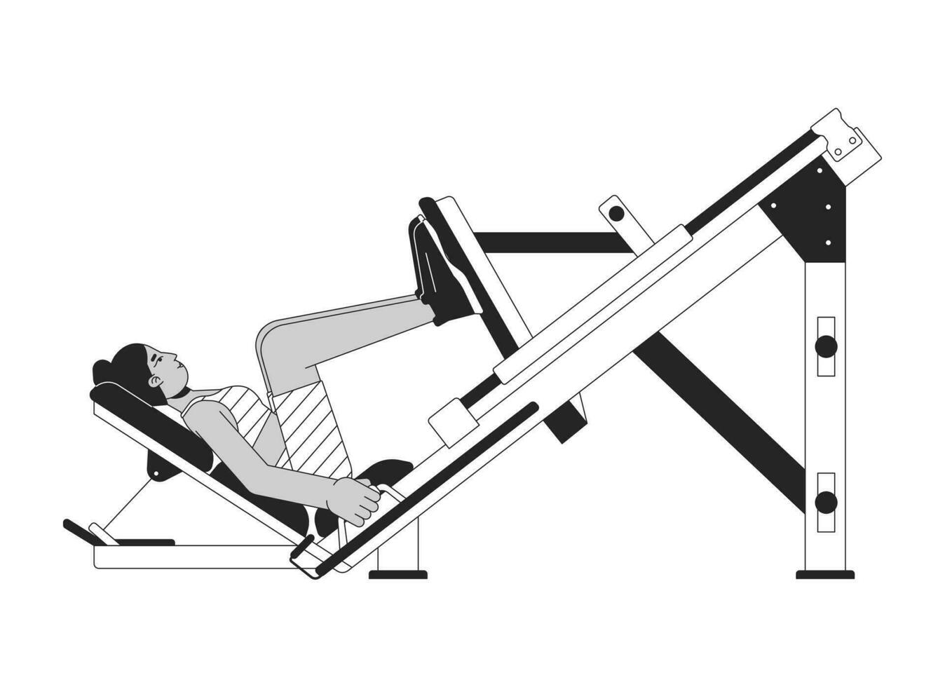 femme pliant les genoux sur jambe presse machine plat ligne noir blanc vecteur personnage. modifiable contour plein corps personne. quadriceps exercice Facile dessin animé isolé place illustration pour la toile conception