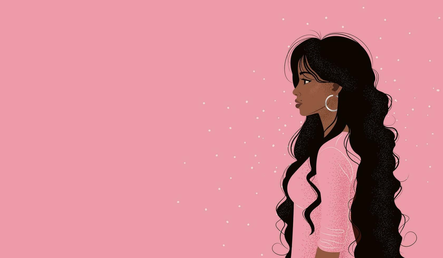 abstrait bannière. Jeune Indien femme avec longue noir frisé cheveux dans rose robe. isolé noir fort fille des stands dans profil sur Contexte. vecteur illustration, affiche, bannière, couverture.