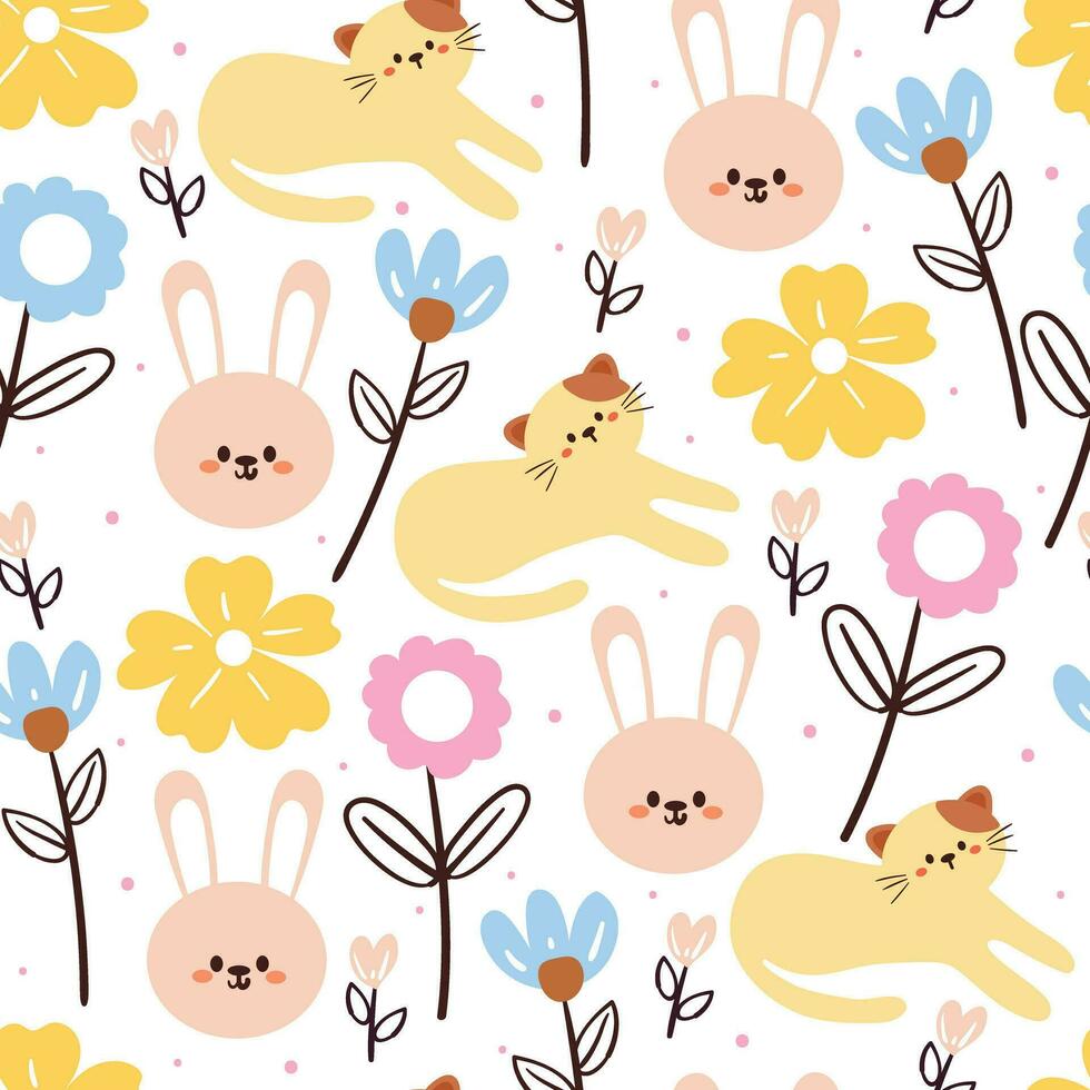 main de modèle sans couture dessin chat de dessin animé, lapin et fleur. pour papier peint pour enfants, textile, impression de tissu, papier d'emballage cadeau vecteur