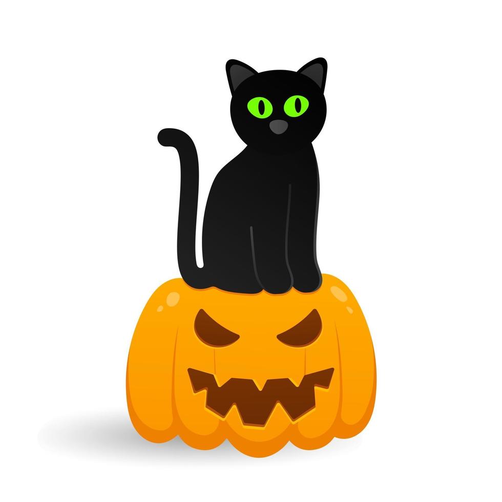 mignon noir avec un chat assis sur une citrouille d'halloween avec un visage effrayant vecteur