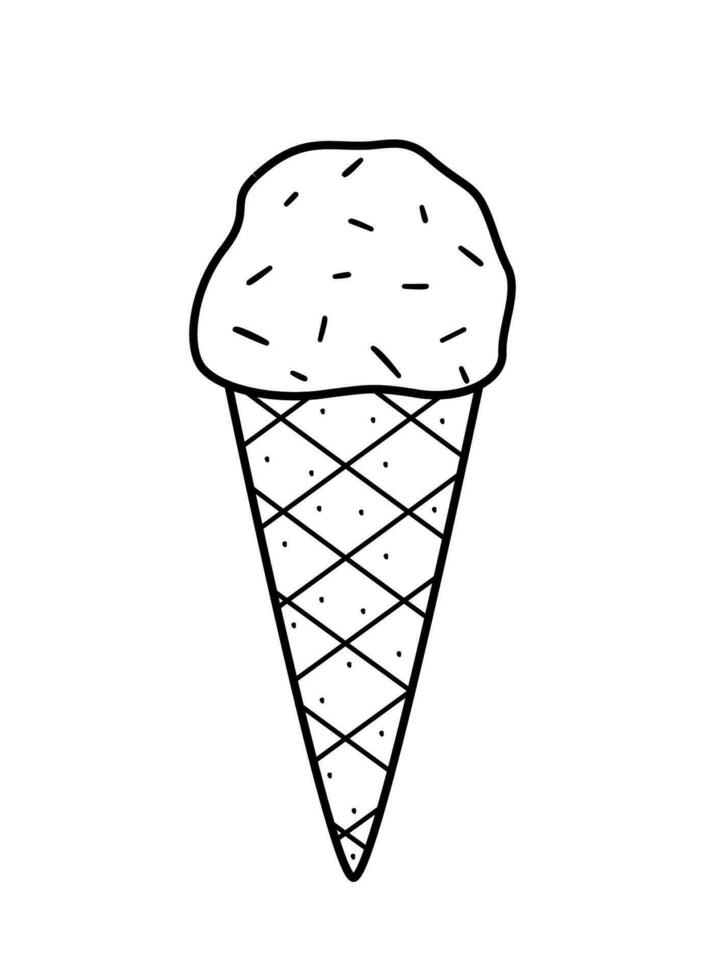 dessin animé la glace crème dans gaufre tasses cône. vecteur griffonnage illustration de une été dessert esquisser. Célibataire esquisser isoler sur blanche.