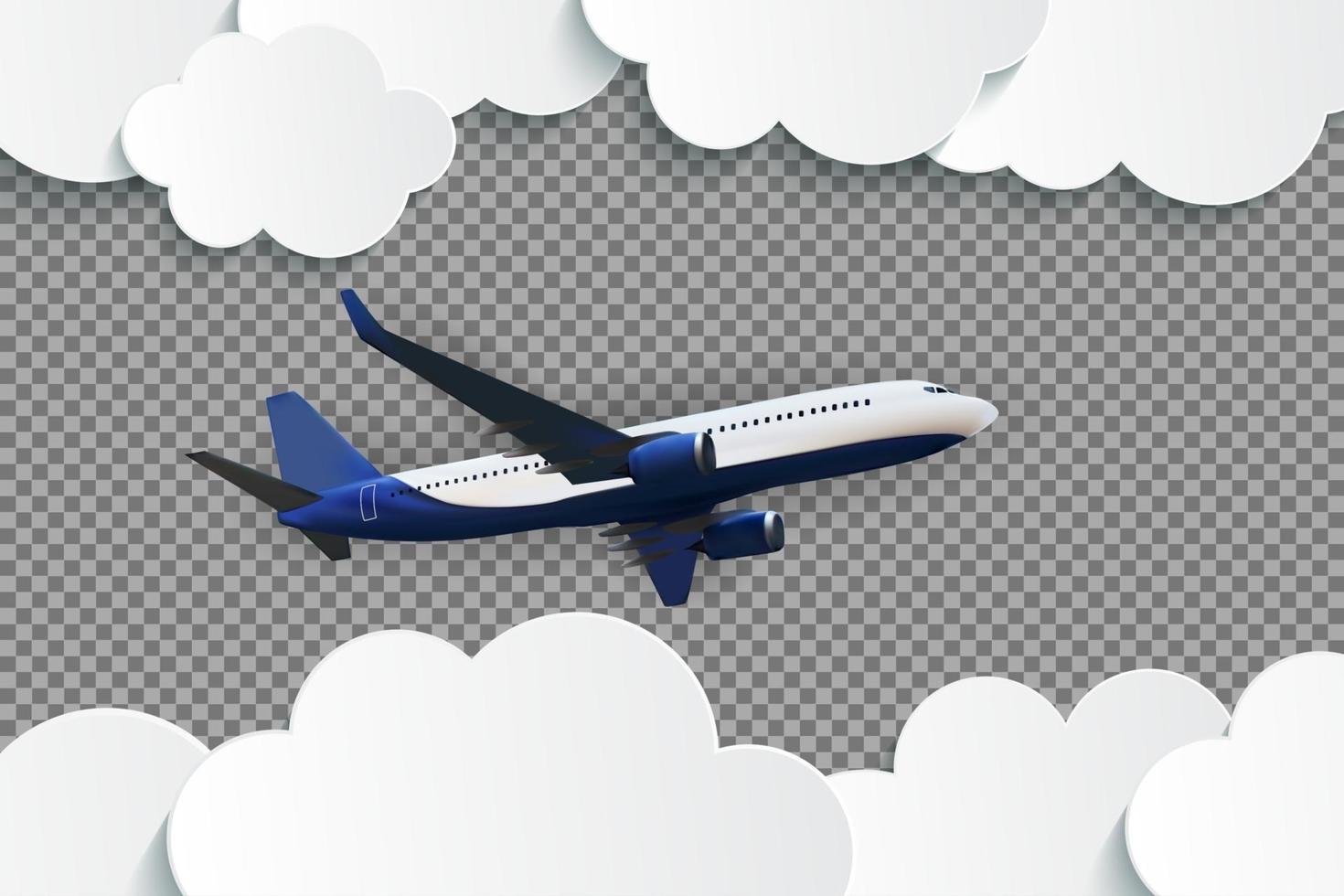 nuages abstraits avec un avion 3d réaliste volant sur fond transparent. illustration vectorielle vecteur