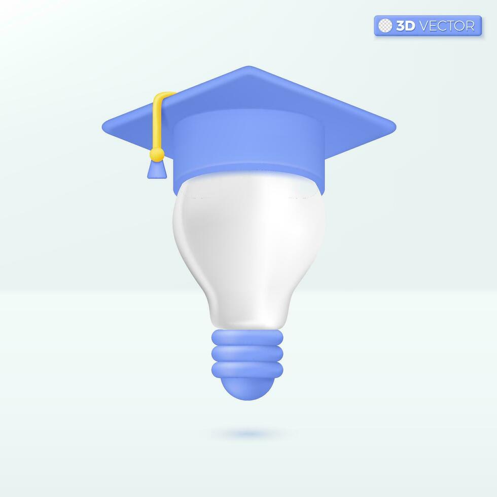 lumière ampoule avec l'obtention du diplôme chapeau icône symboles. inspiration, meilleur idée, éducation concept. 3d vecteur isolé illustration conception. dessin animé pastel minimal style. vous pouvez utilisé pour conception ux, interface utilisateur, impression publicité.