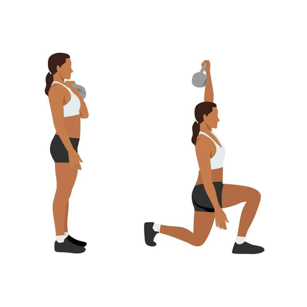 femme Faire kettlebell fente presse exercer. plat vecteur illustration isolé sur blanc Contexte. faire des exercices personnage ensemble