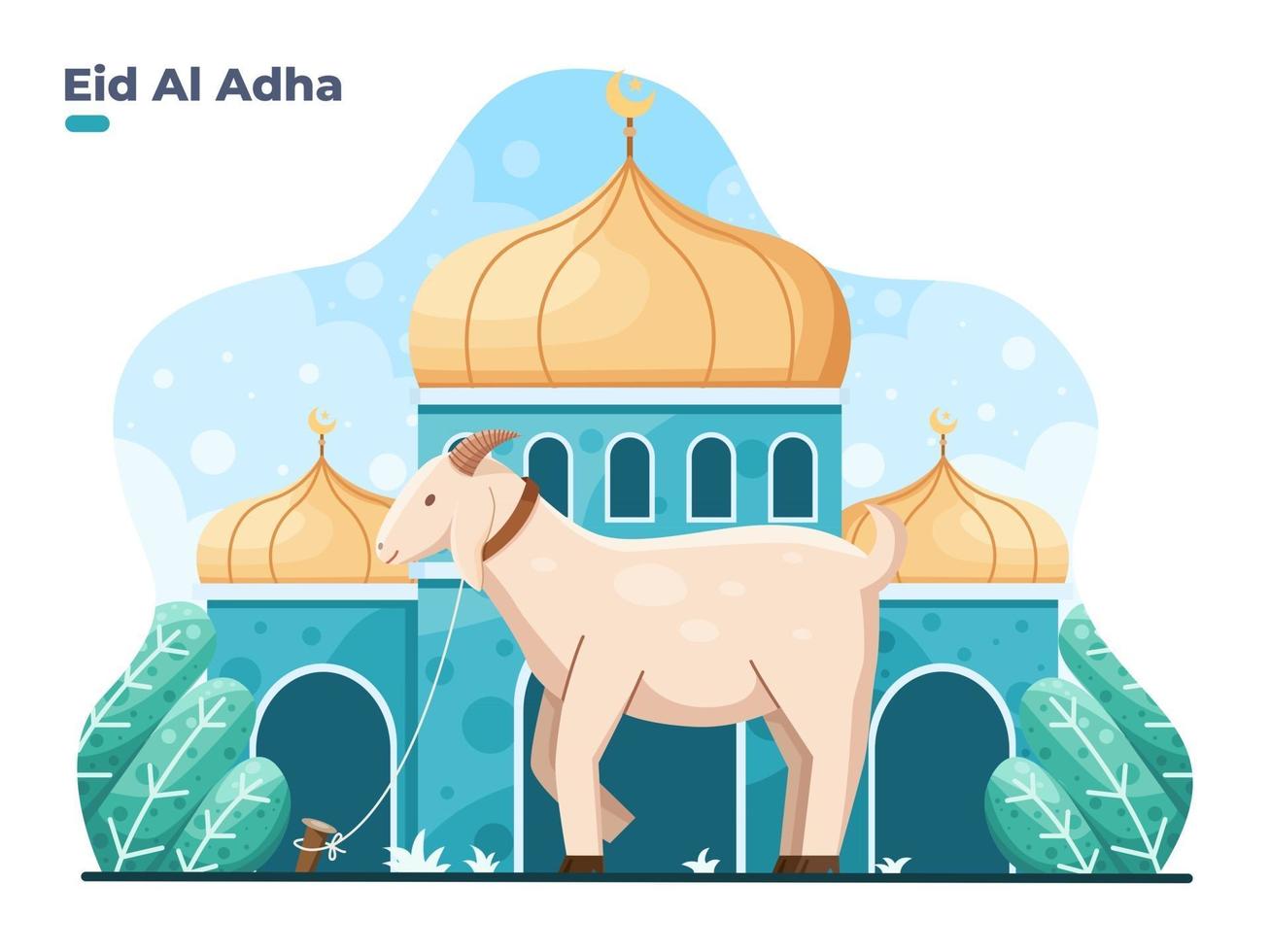 illustration vectorielle plate eid al adha avec un animal de chèvre ou de mouton devant la mosquée selamat hari raya idul adha signifie joyeux eid aladha également appelé festival du sacrifice vecteur