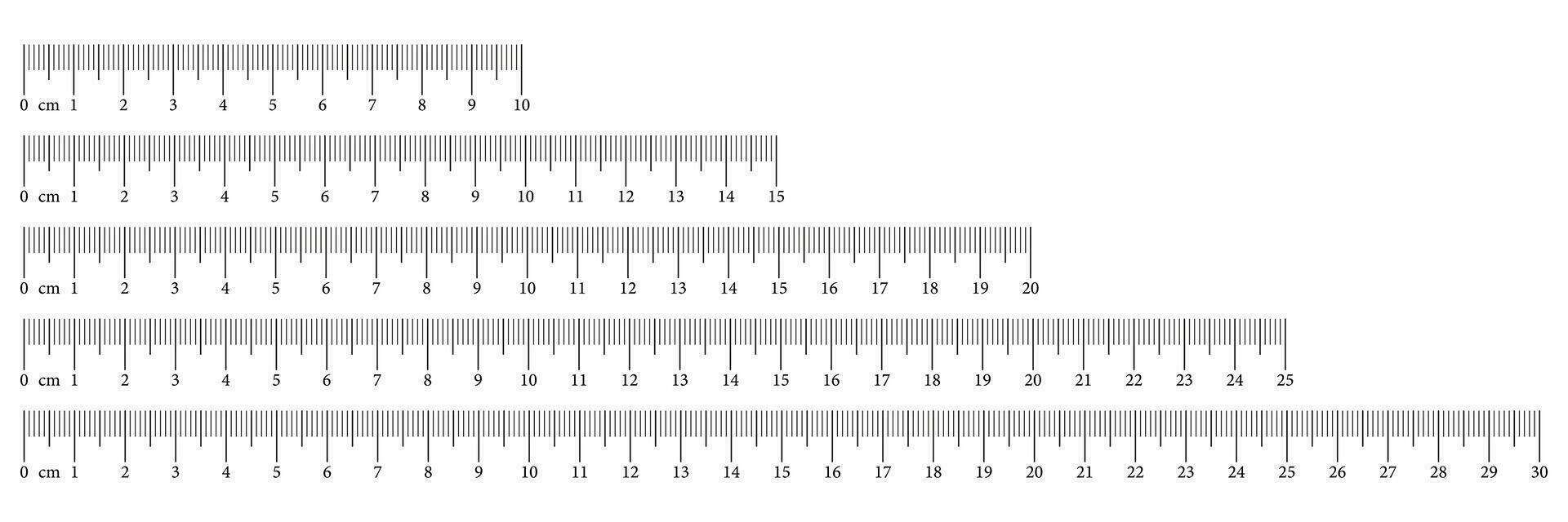 collection mesure graphiques avec 10,15, 20, 25, 30 centimètres. longueur la mesure mathématiques, distance, hauteur, couture outils. vecteur illustration. ensemble de modèles dirigeants échelle avec Nombres. eps icône.