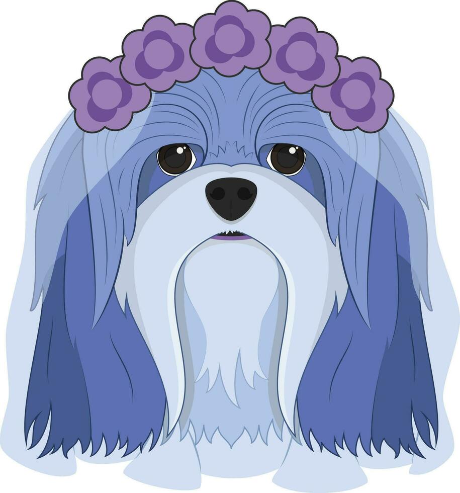 Halloween salutation carte. Lhassa apso chien habillé comme une fantôme avec violet fleurs sur le sien tête et une mariage voile vecteur