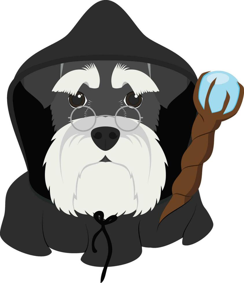 Halloween salutation carte. schnauzer chien habillé comme une sorcier avec noir capuche et la magie baguette magique vecteur