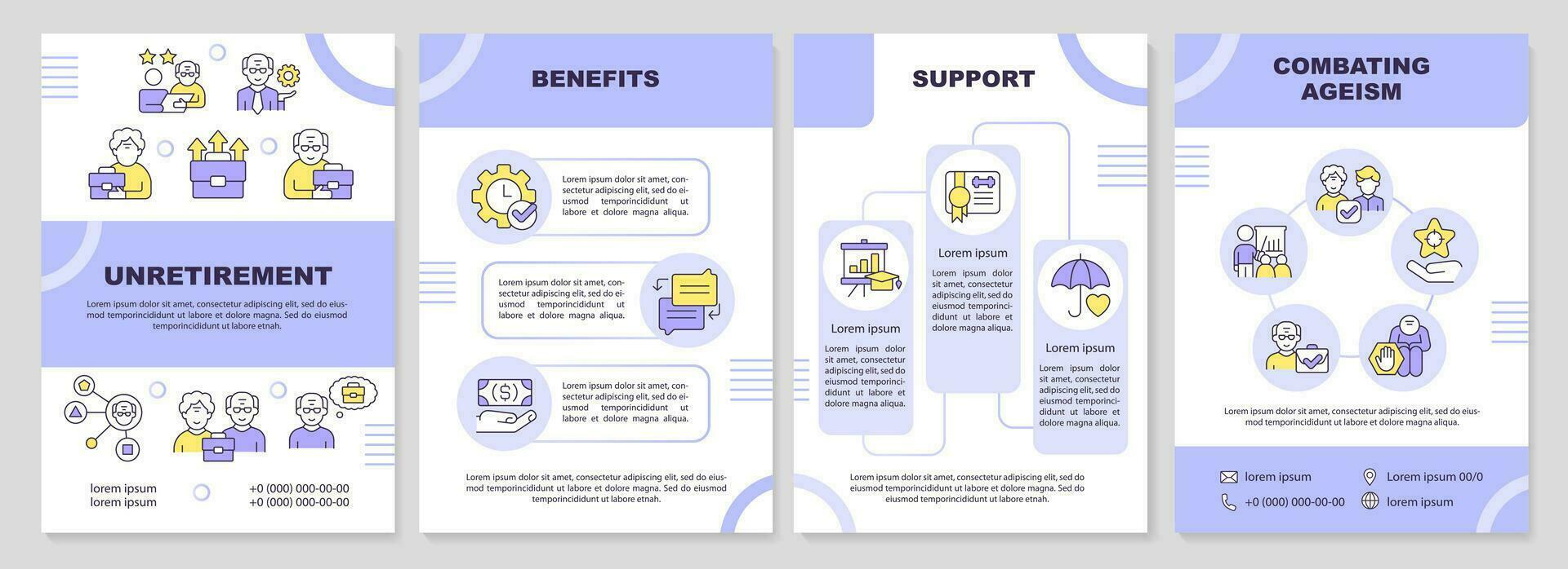 2d non-retraite violet brochure modèle, brochure conception avec mince ligne Icônes, 4 vecteur mises en page.