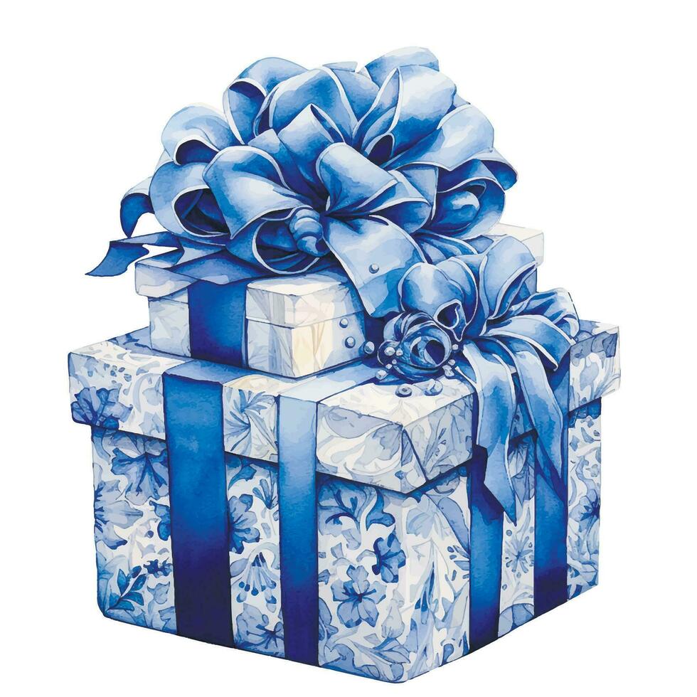 aquarelle dessin, cadeau boîte avec rubans et fleurs dans bleu. bébé garçon vecteur