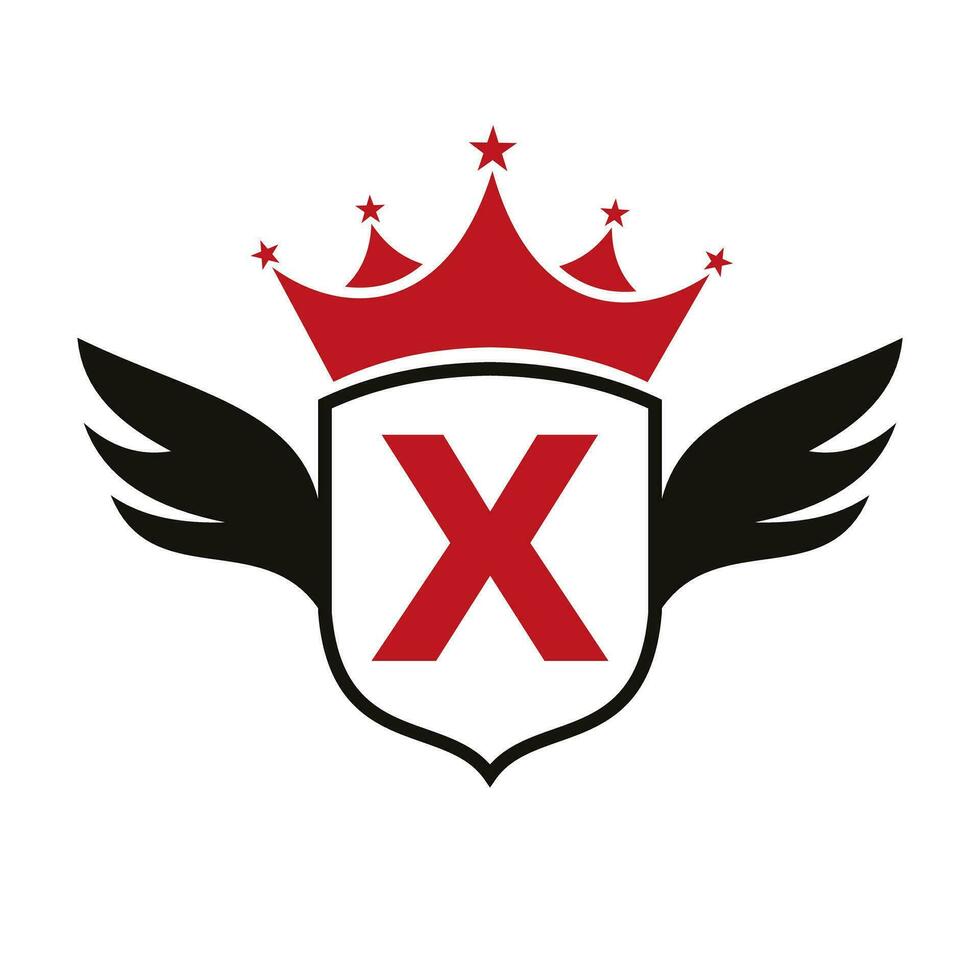 lettre X transport logo avec aile, bouclier et couronne icône. aile logo sur bouclier symbole vecteur