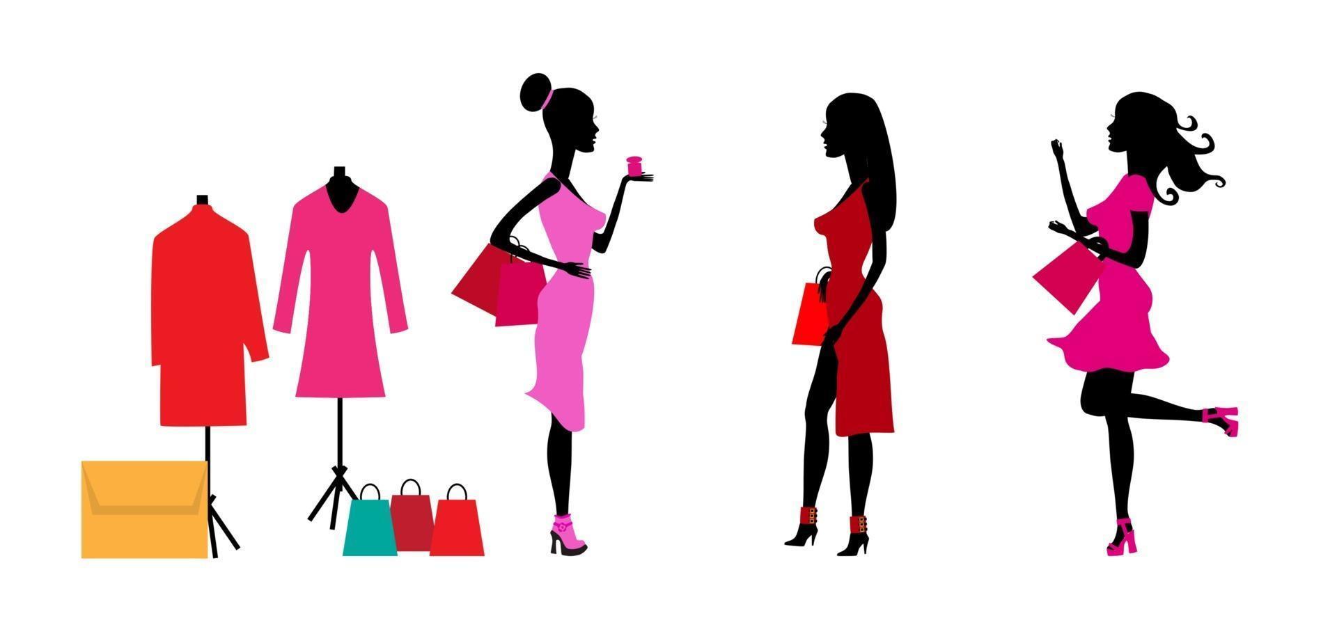 concept de grande vente avec trois silhouettes belles filles après le shopping dans les boutiques.illustration vectorielle vecteur