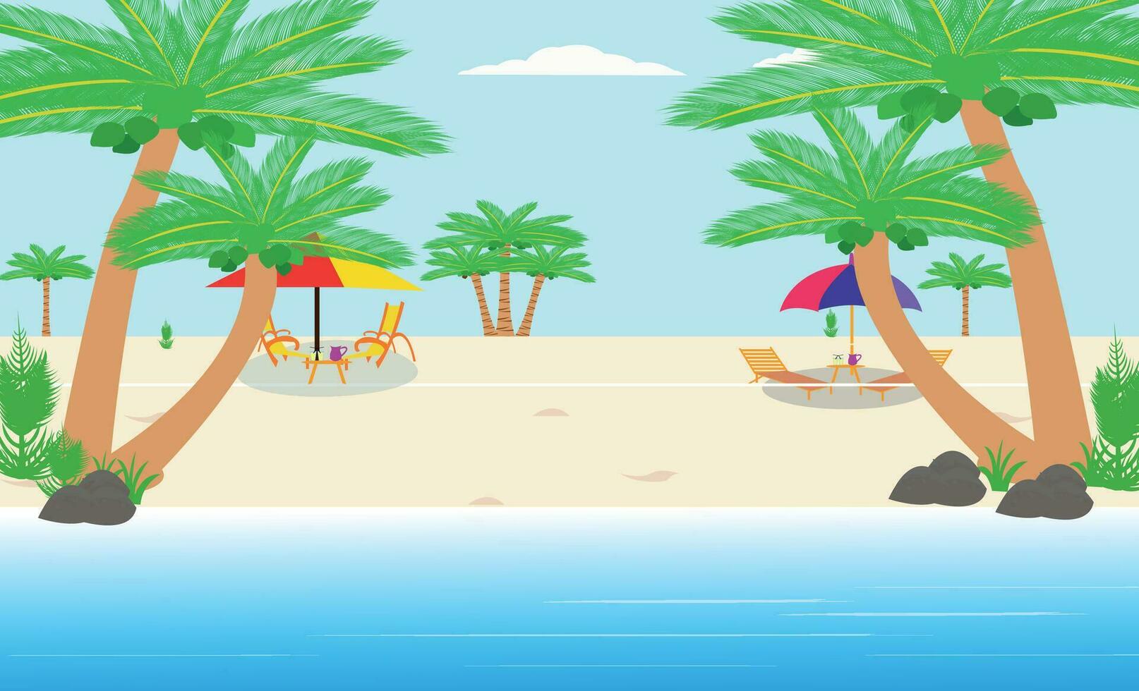 ensemble de été vacances vecteur illustration paradis plage tropical plage, parapluie route et voitures, recours Montagne et noix de coco des arbres.