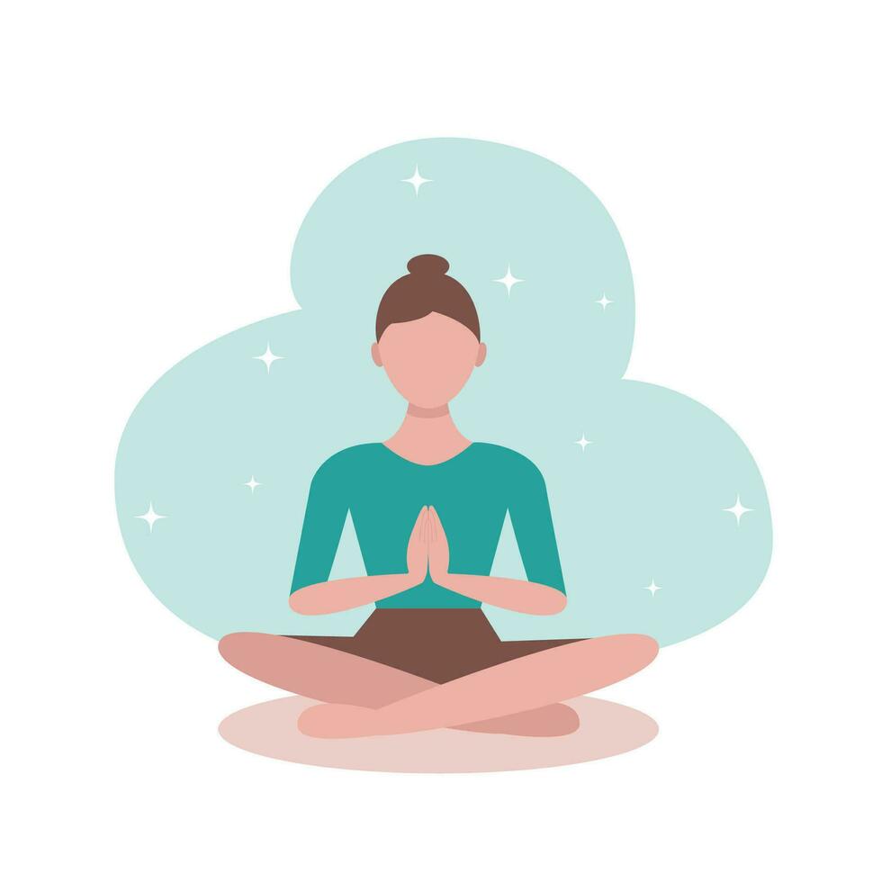 Jeune femme dans lotus position avec namaste mains. vecteur illustration