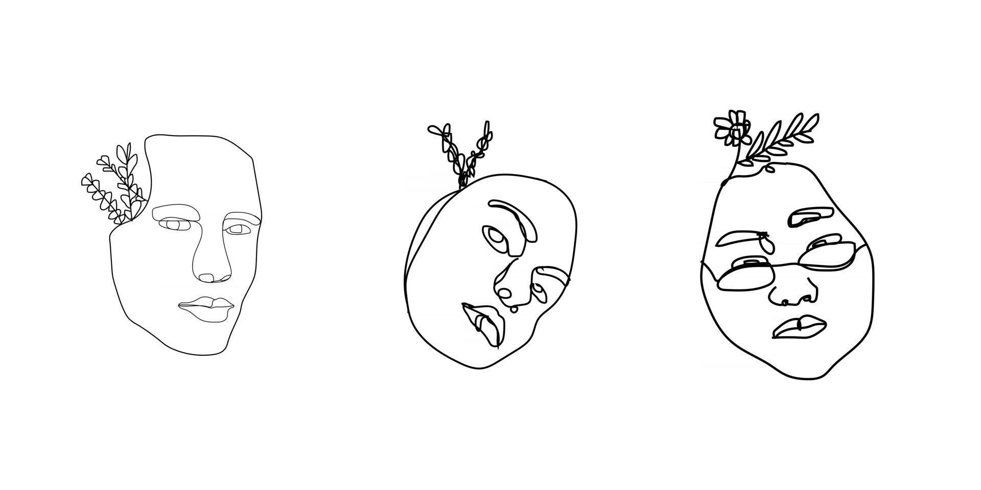 visages de femmes dans un style d'art en ligne avec des fleurs et des feuilles dessin au trait continu dans un style élégant pour des impressions de tatouages affiches cartes textiles, etc. vecteur