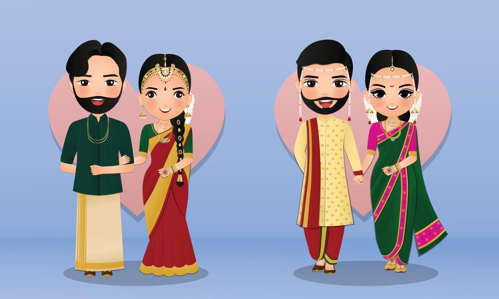 ensemble de joli couple en robe indienne traditionnelle de personnages de dessins animés mariée et le marié. carte d'invitations de mariage. vecteur