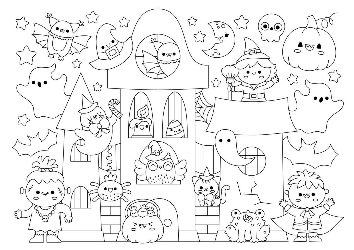vecteur Halloween horizontal ligne coloration page pour des gamins avec mignonne kawaii personnages. noir et blanc l'automne vacances illustration avec sorcière, vampire, fantôme, citrouille. marrant recherche affiche