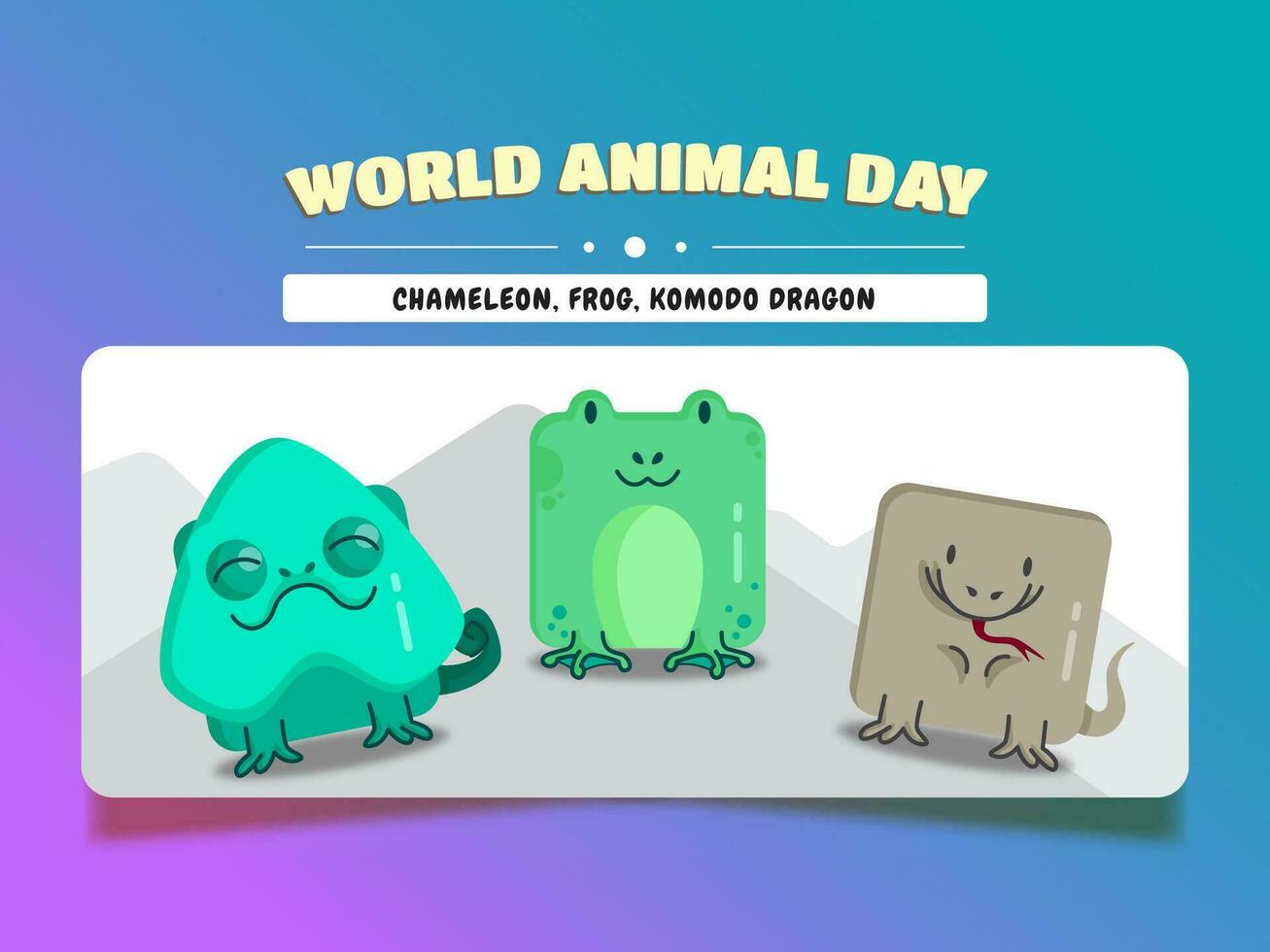 monde animal jour, carré animal dessin animé ensemble caméléon, grenouille, et Komodo dragon. vecteur