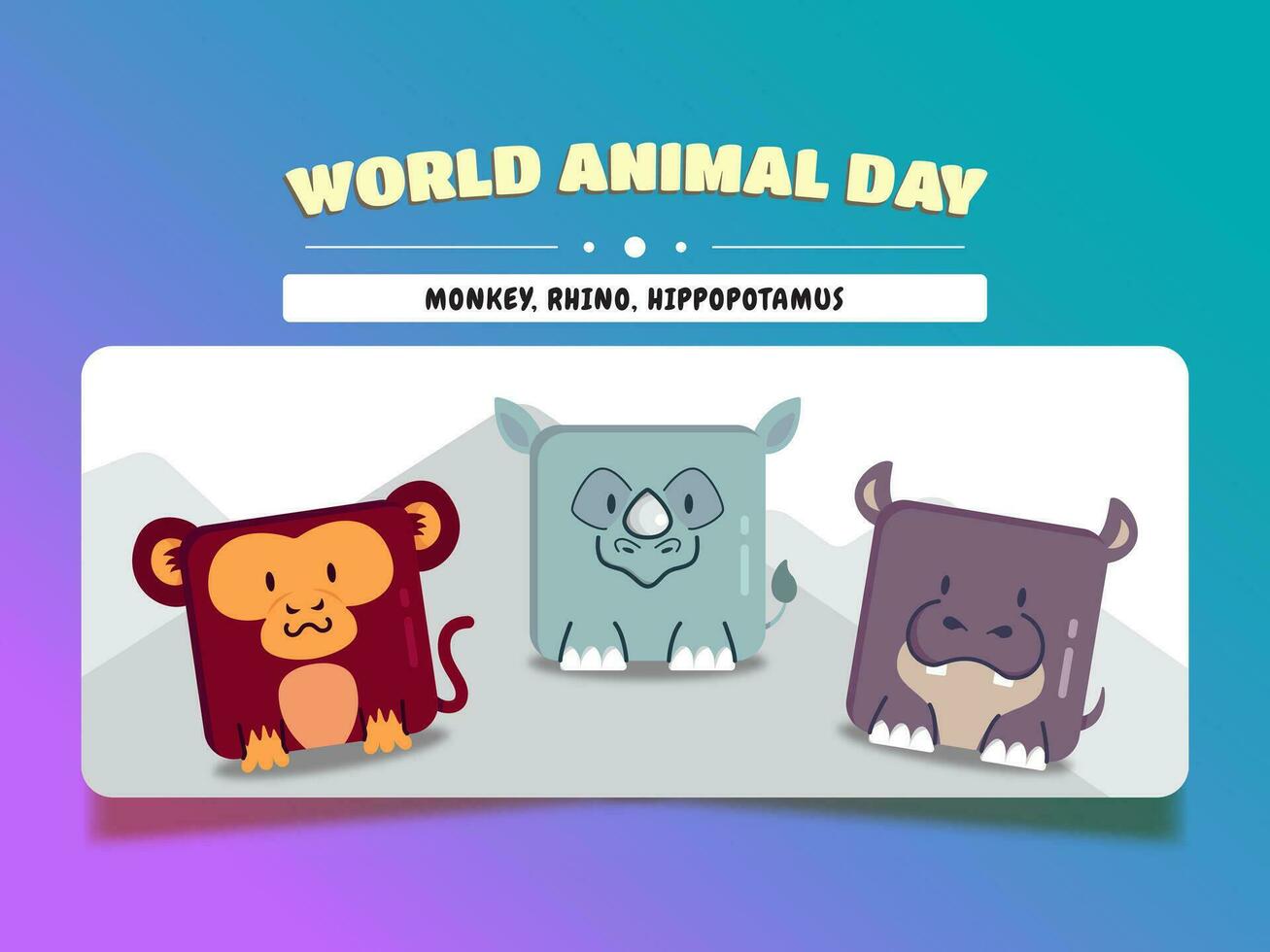 monde animal jour, carré animal dessin animé ensemble singe, rhinocéros, et hippopotame vecteur