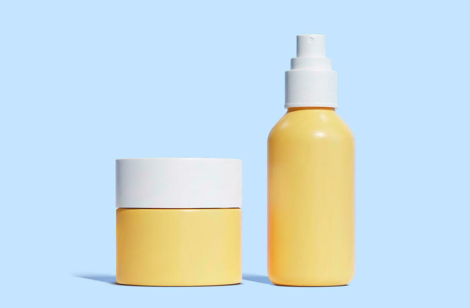 de face vue de 3d Orange Plastique pot et vaporisateur bouteille avec blanc casquettes. récipient éléments isolé sur bleu Contexte. adapté pour cosmétique trousse moquer en haut. vecteur