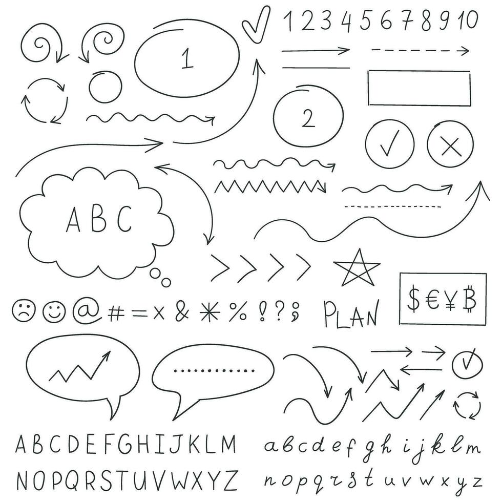 La Flèche cercles et abstrait griffonnage icône dans main tiré style. nombre vecteur illustration sur isolé Contexte. des lettres, flèches signe affaires concept.