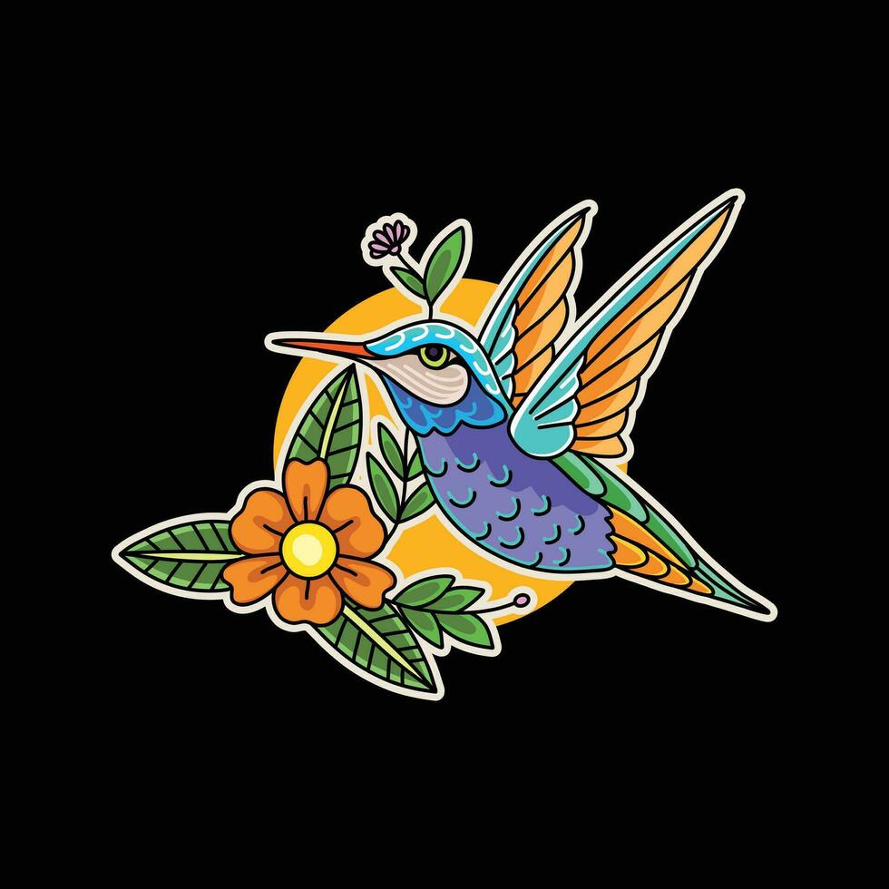 illustration de une colibri avec fleurs sur une crépuscule Contexte pour vieux tatouages vecteur