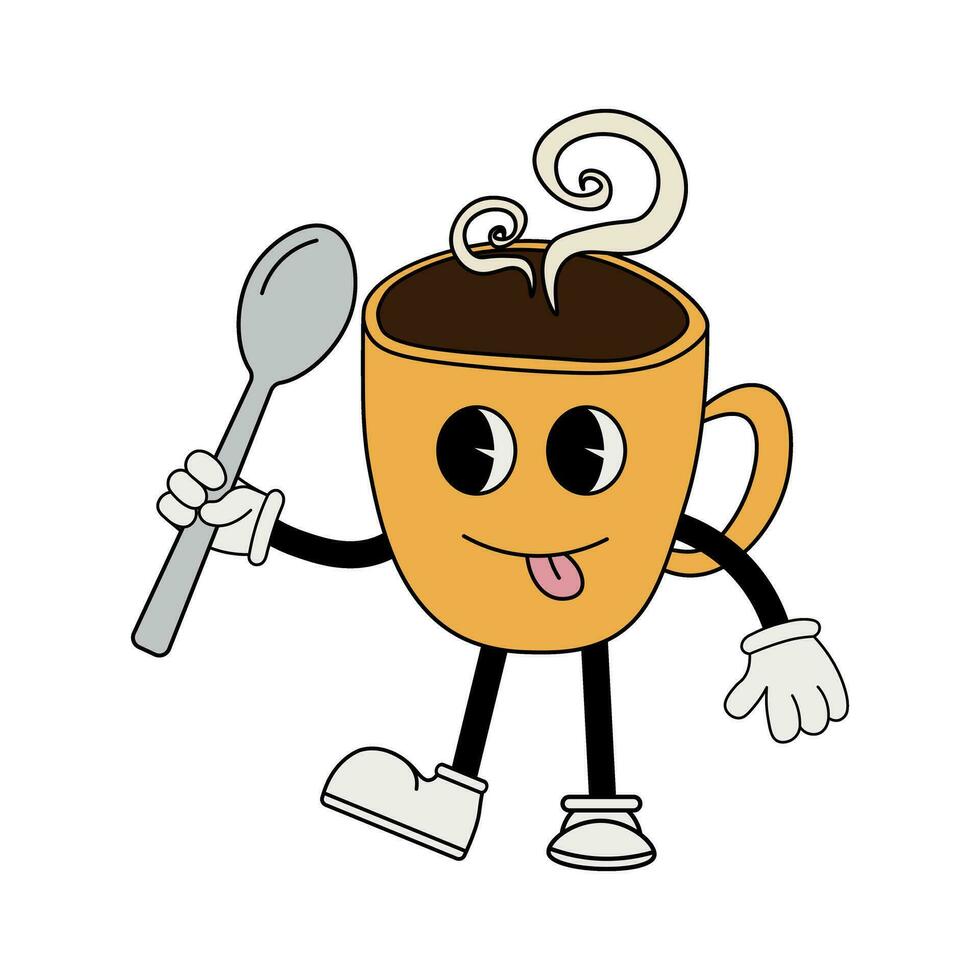 café tasse personnage en portant une cuillère à café, Années 70 dessin animé style vecteur