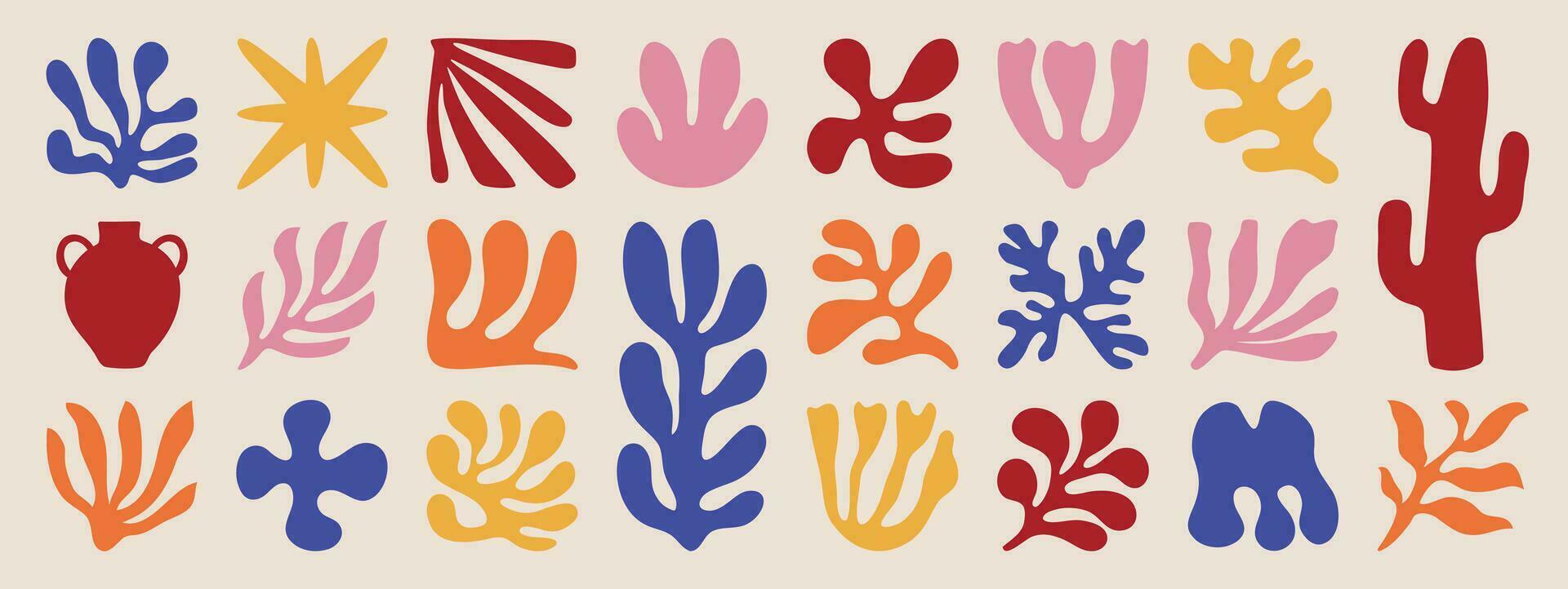 ensemble de abstrait biologique formes inspiré par matisse. végétaux, feuille, cactus, algues, vase dans papier Couper collage style. contemporain esthétique vecteur élément pour logo, décoration, imprimer, couverture, fond d'écran.