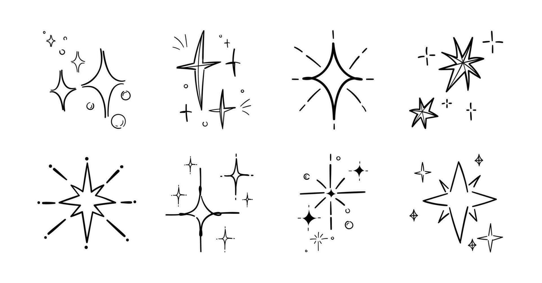 ensemble de mignonne scintillait griffonnage élément vecteur. main tiré griffonnage style collection de différent scintillait, feu d'artifice, étoiles. illustration conception pour imprimer, dessin animé, carte, décoration, autocollant, icône. vecteur