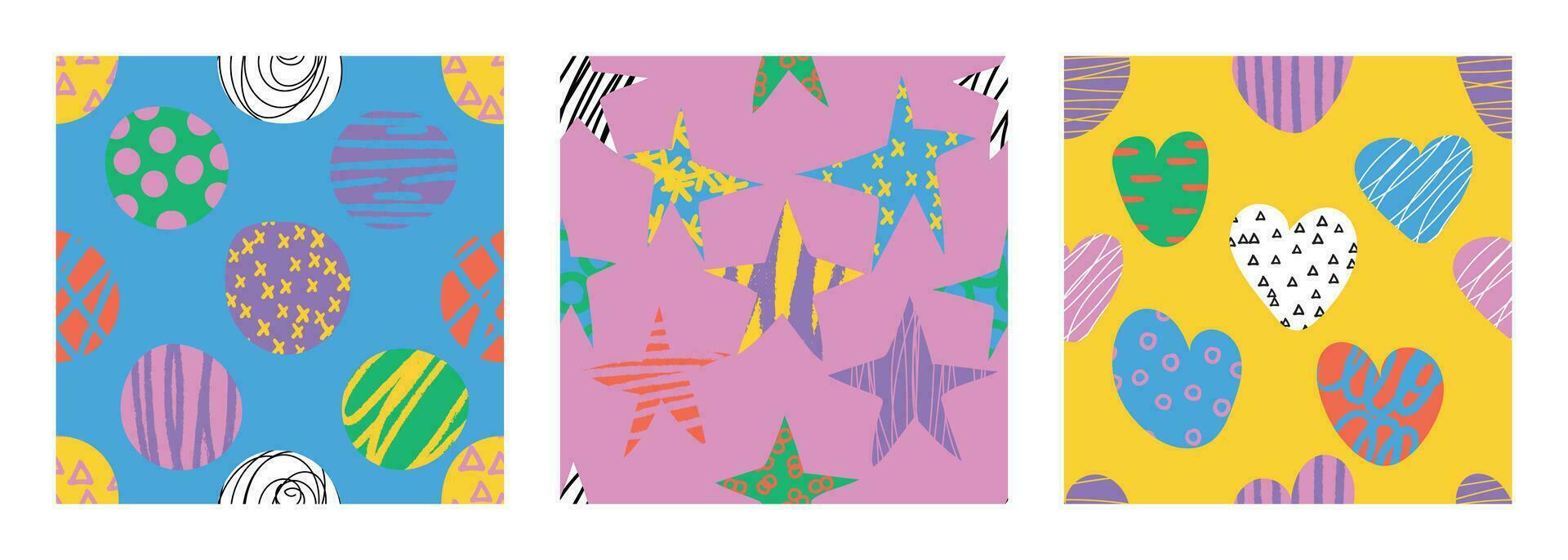 ensemble de griffonnage dans sans couture modèle. abstrait art Contexte vecteur conception avec puéril griffonner, cœur, cercle, étoile dans vibrant couleur. amusement Créatif illustration pour enfants, tissu, impressions, couverture.