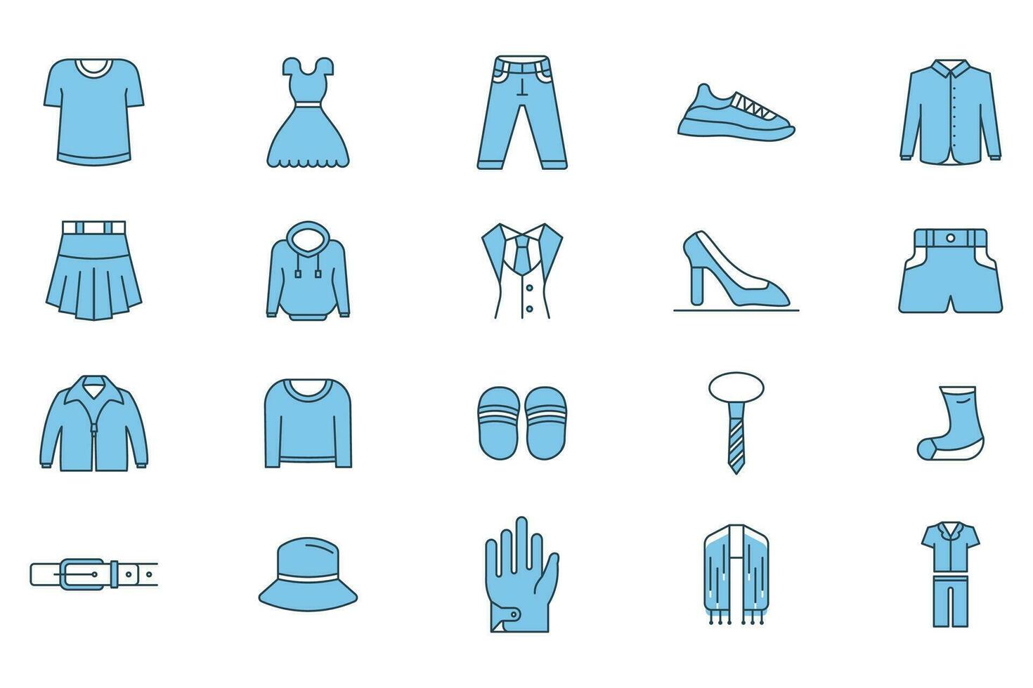vêtements ensemble icône. contient Icônes T-shirt, robe, jeans, baskets, chemise, etc. plat ligne icône style. Facile vecteur conception modifiable