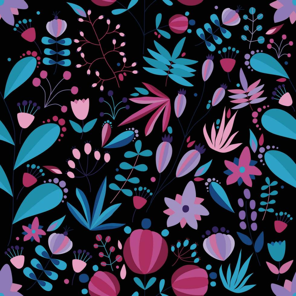 floral sans couture modèle avec fleurs et les plantes dans foncé Contexte. tropical vecteur illustration.