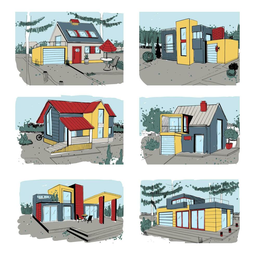 main tiré chalet. moderne privé Résidentiel Maisons. coloré esquisser des illustrations ensemble. vecteur